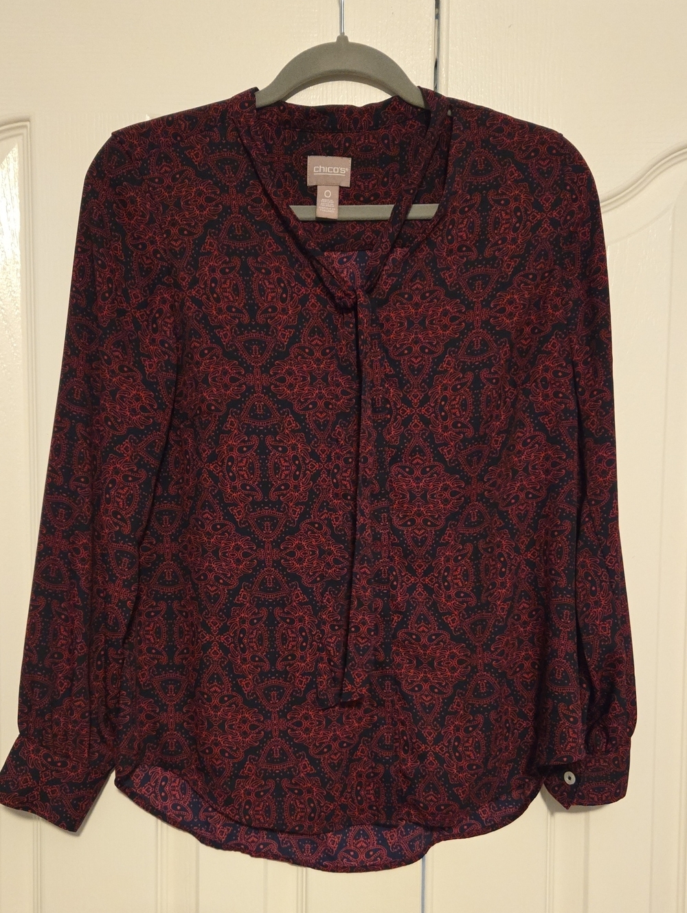 Chico's Burgundy Paisley Tie-Neck Blouse